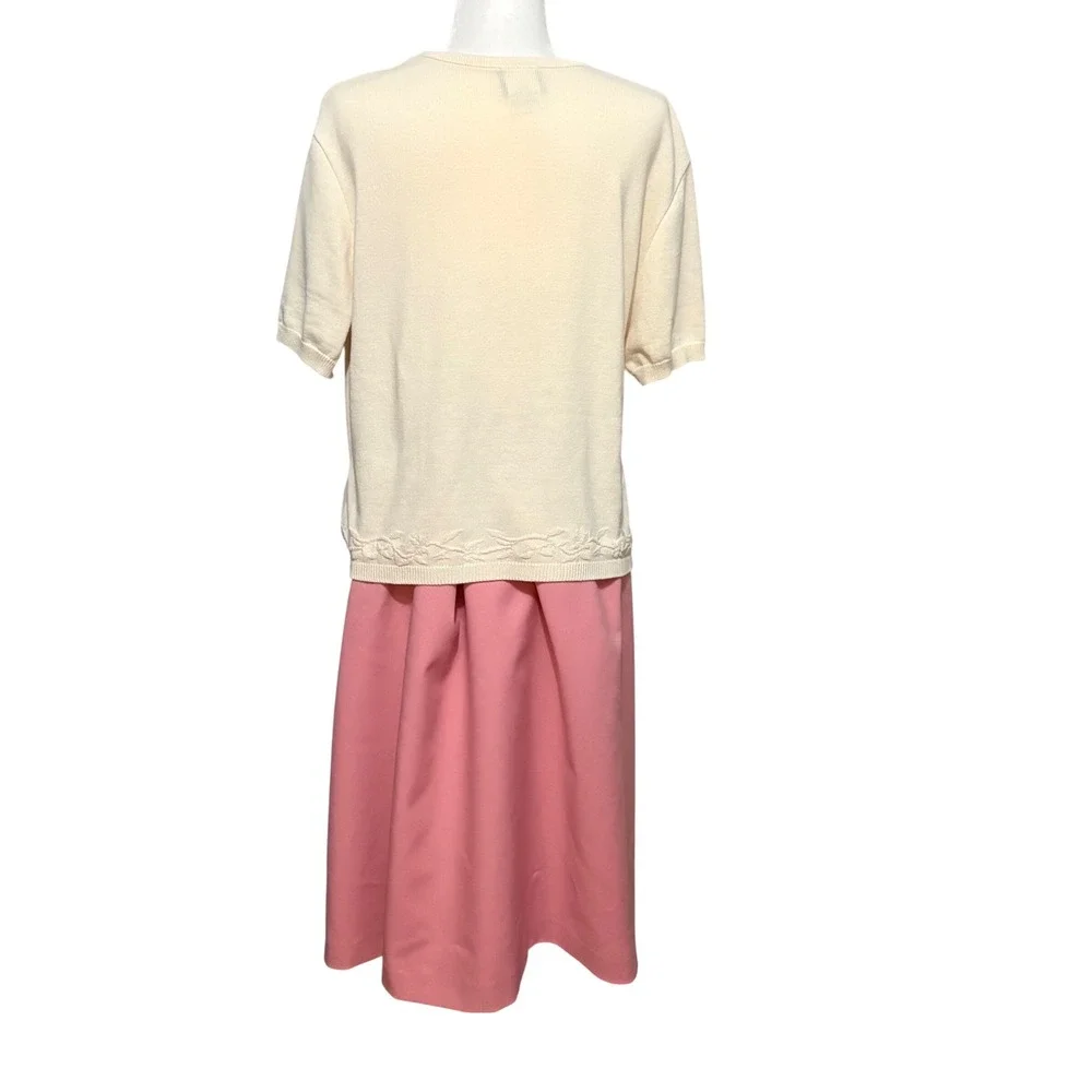 VTG Nikki Southern Pink Cream Floral‎ Embroidered Sweater & Midi Skirt Set XL 18